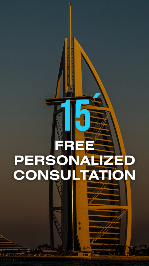 Promotional banner for a free 15-minute consultation on investing in Dubai real estate with cryptocurrency. Image featuring Dubai skyscrapers and an investor consulting on their laptop.