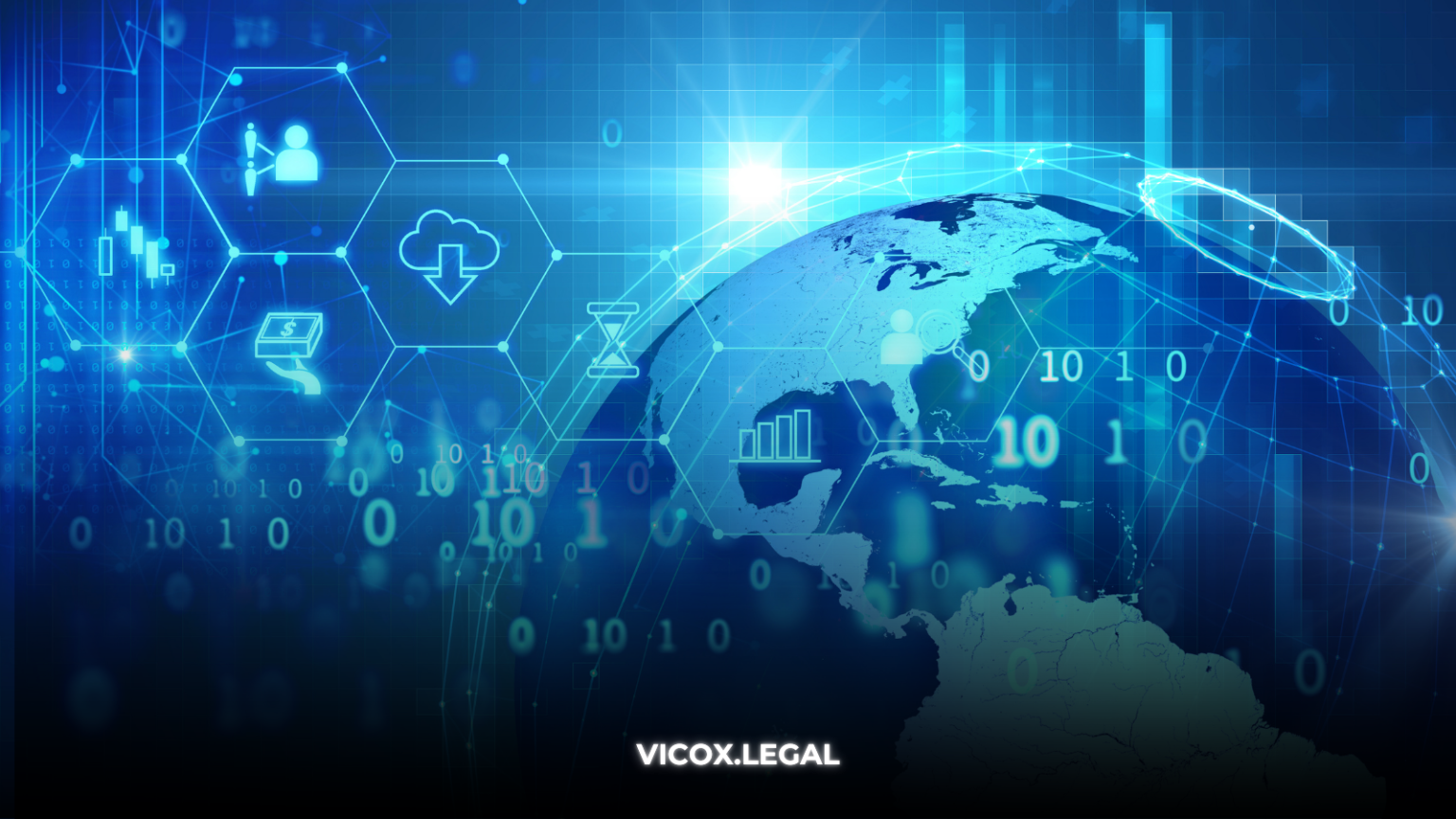 Global digital network with blockchain and real estate icons – legaltech and smart contract visualization