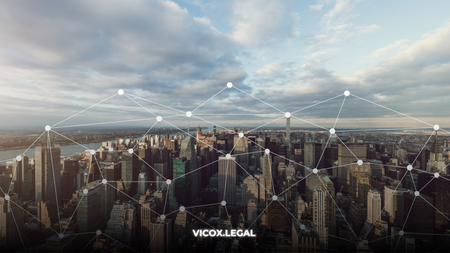 Panoramic view of a modern city with a digital network overlay, symbolizing connectivity and legal tech.