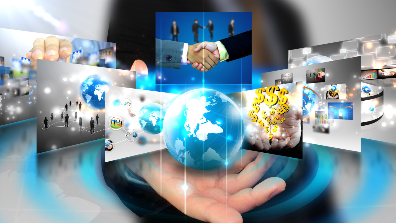 Visual concept of global business networks, partnerships, and financial growth with digital elements and a world globe in hand.