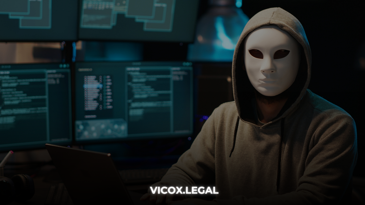 Anonymous figure in a hoodie and mask sitting at a computer with multiple blockchain analysis screens — symbolising crypto fraud investigation.