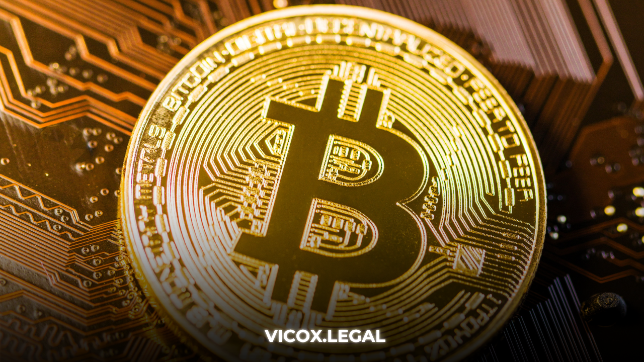 Golden Bitcoin coin on a tech background, representing digital investment and early retirement potential.