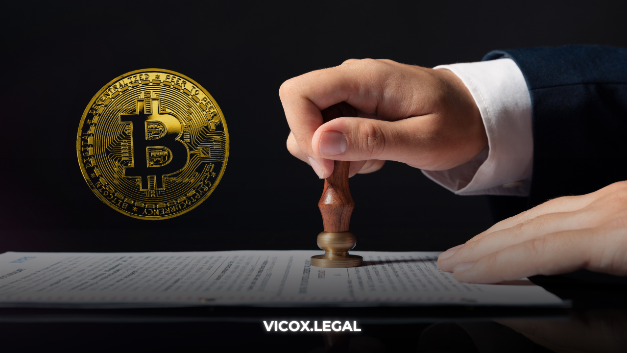 Hand stamping a legal property document with a Bitcoin symbol in the background, representing the process of buying real estate with crypto.