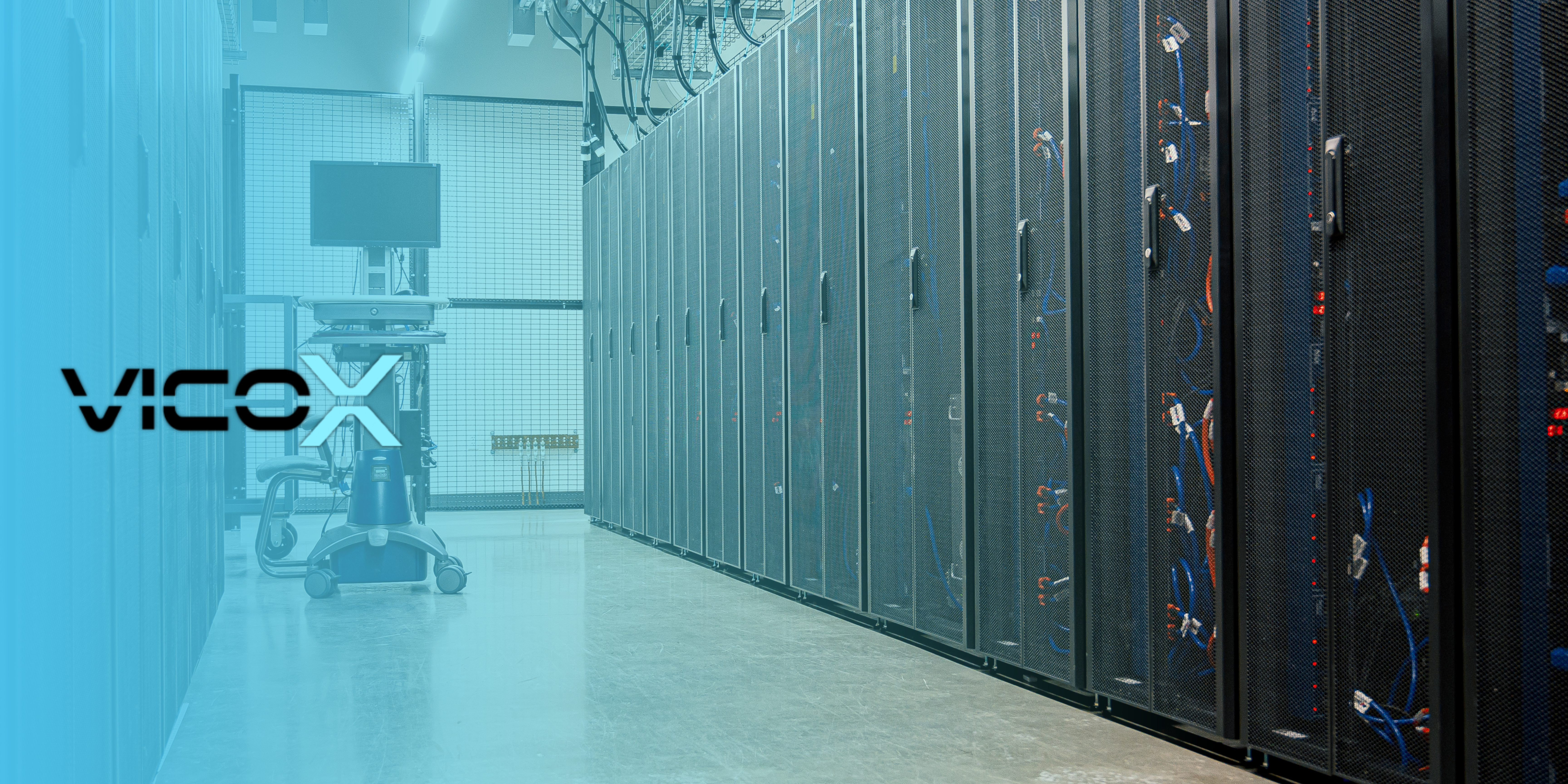 Data center infrastructure with Vicox Legal logo.