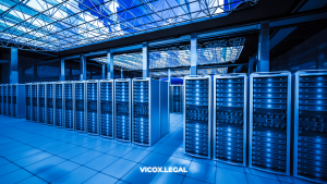 Modern data center with rows of servers and advanced digital infrastructure.
