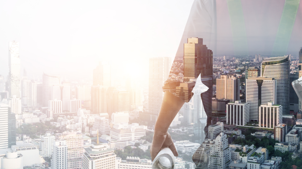 Double exposure of a construction manager holding architectural blueprints merged with a modern city skyline, symbolizing off-plan property development and future value.