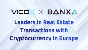 Vicox Legal and Banxa logos with the text "Leaders in Real Estate Transactions with Cryptocurrency in Europe" on a light blue geometric background.